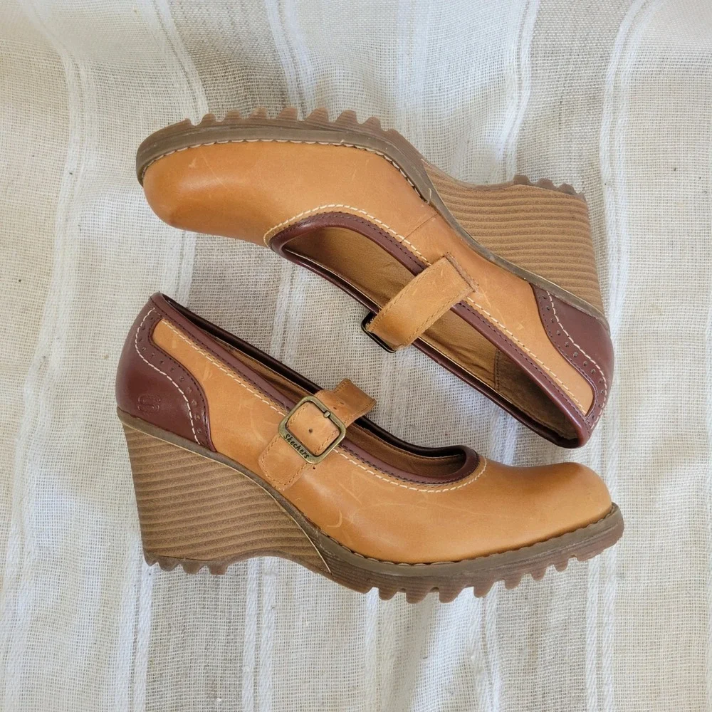 Retro Skechers Leather Heeled Mary Janes Shoes Tan Size 8.5